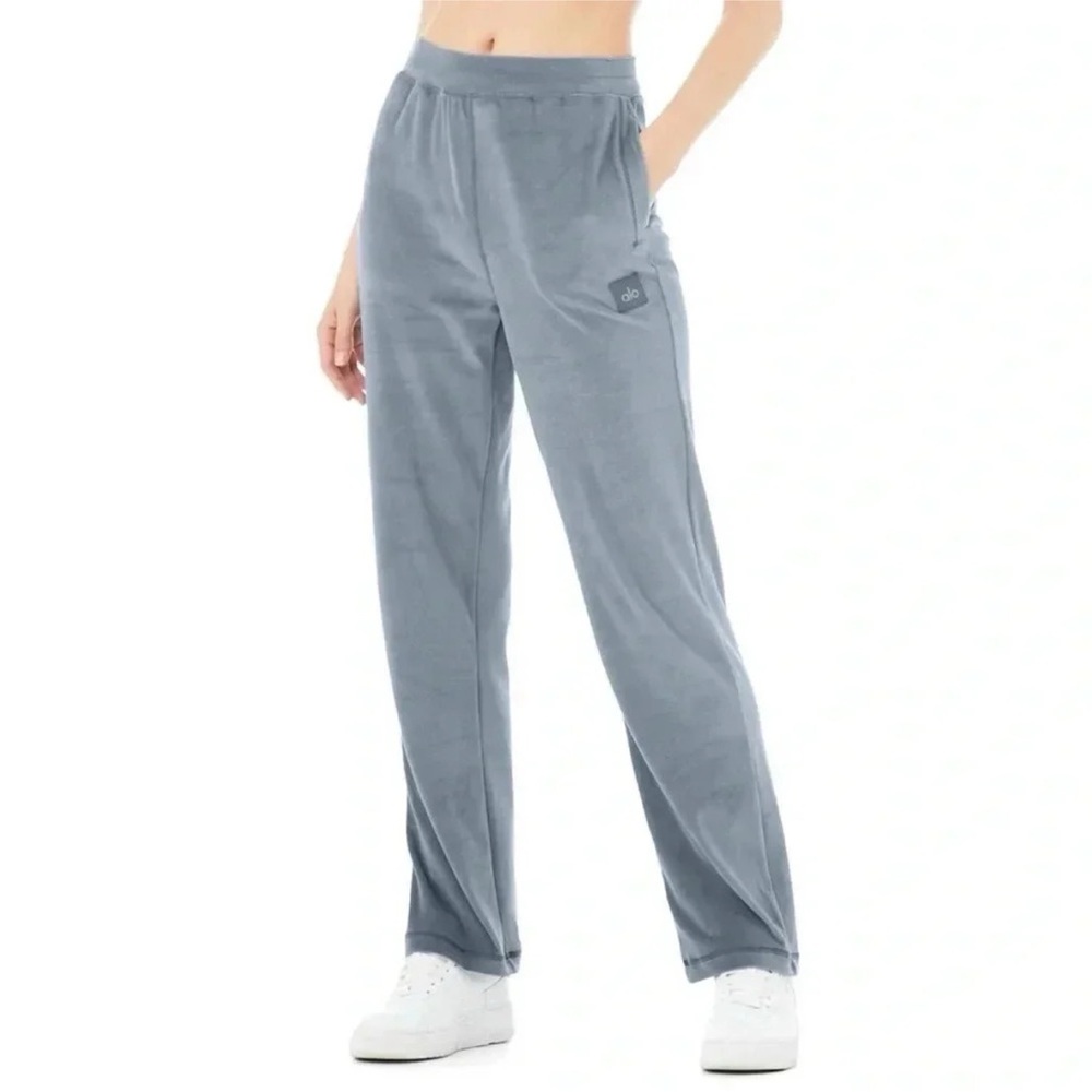 NWT Alo Yoga Velour High Waist Glimmer Wide Leg Pants in Steel Blue XS